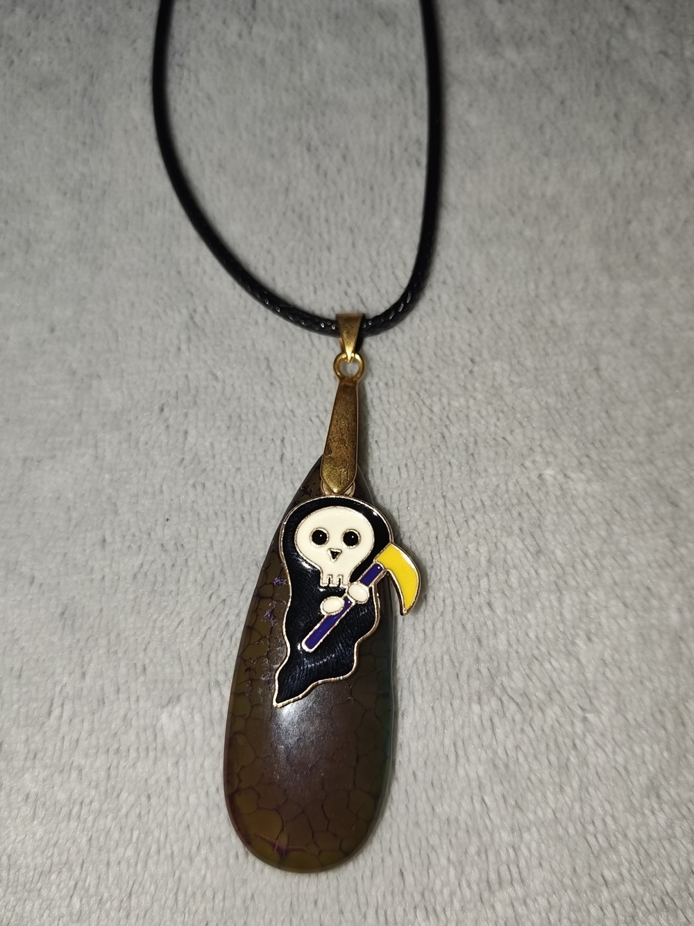 Grim Reaper Enamel Pendant On Brown Iridescent Stone Necklace - Handmade Jewelry